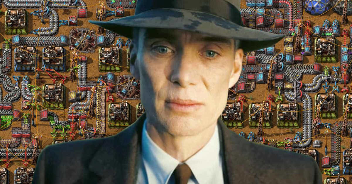A picture of as Cillian Murphy as Oppenheimer overlaid on a picture of a dense Factorio factory