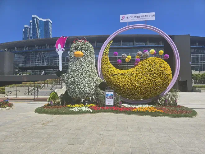 A small garden of flowers with a large seagull and yin-yang made of flowers