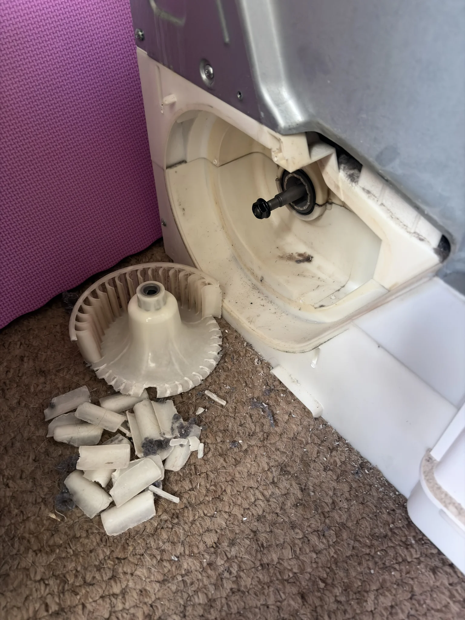 Some assembly required The back of a tumble dryer with a destroyed plastic impeller